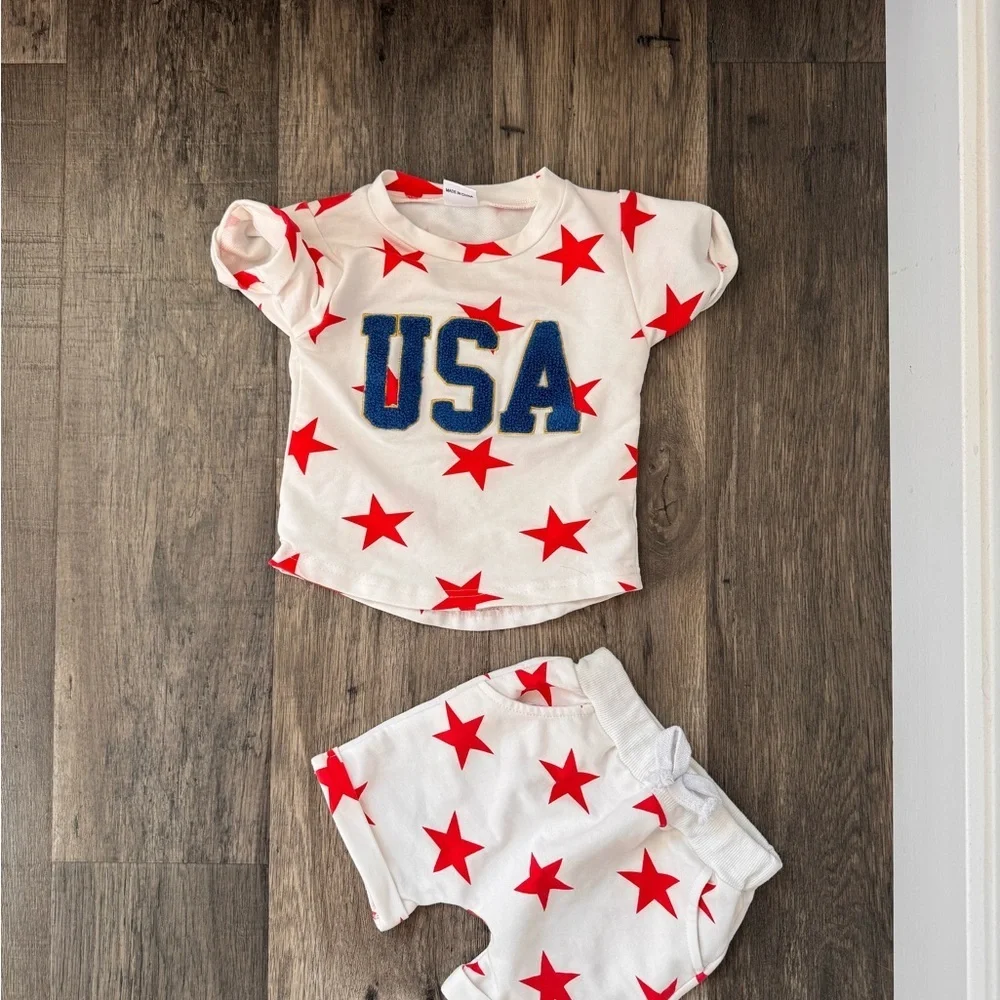 USA Star Print Two-Piece Set - Red & White Fourth of July size 6-12 mos